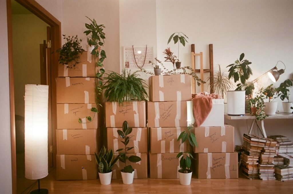 Moving boxes prepared for a household relocation.
