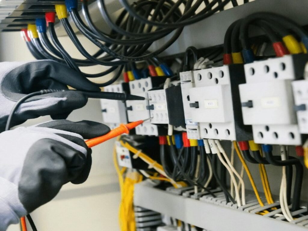 Electrician testing equipment inside an electrical control panel.